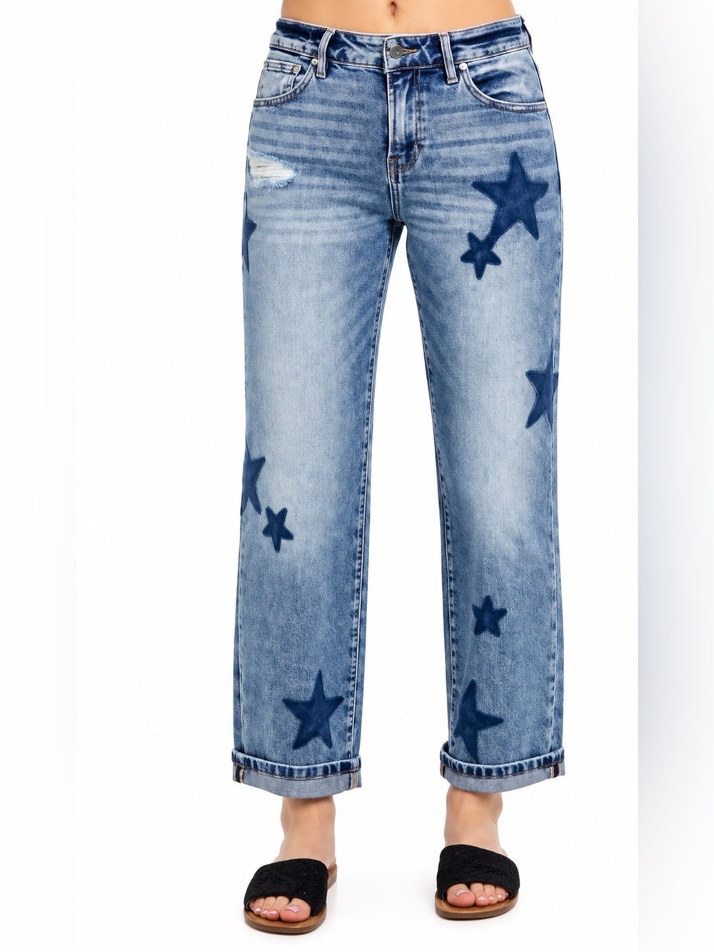 Risen Plus Women's Light Blue Star-Print Boyfriend Jeans